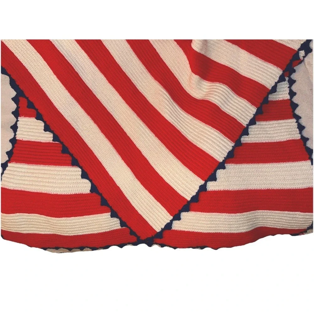 Handmade Crochet Afghan Blanket Red White Blue Patriotic Grannycore USA 42 X 76